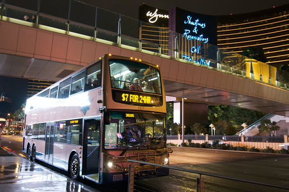 Here's a southbound Deuce bus outside the Fashion Show Mall, across from the Wynn.