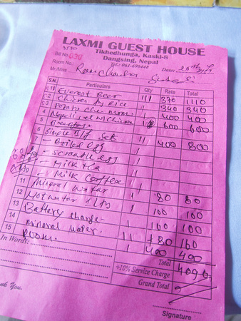 Similar bill from every guesthouse we'd stay at.