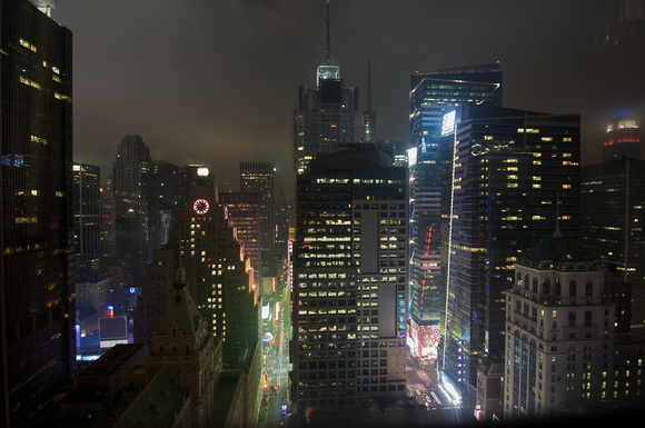 Looking east towards Time Square at night.