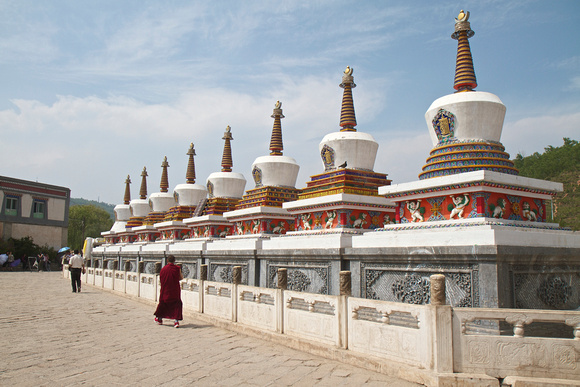 The Eight Stupas at the entrance of Kumbum Monastery.