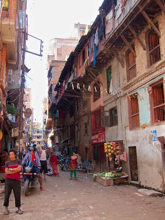 Walking south along Ena Baha Marg in the southern part of Thamel.