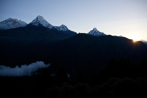 Sun climbing above the Annapurna Range just after 6am.
